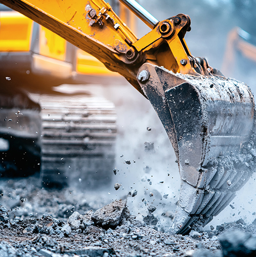 Excavator digs into rocky terrain at dawn Generative AI