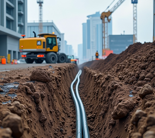 Construction site with trenches for laying pipes